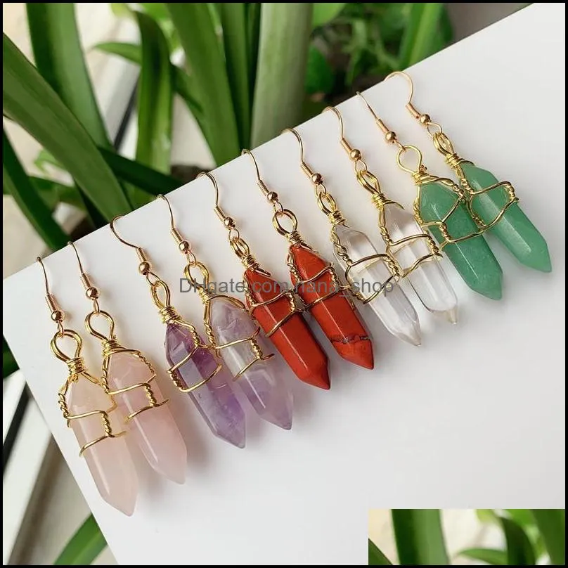 natural stone dangles earrings wire wrap hexagonal point bullet drop pendulum amethysts quartz purple healing crystal earring