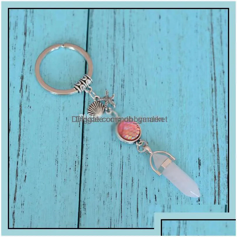 key rings jewelry fashion natural stone hexagon prism drusy druzy keychain mermaid starfish fish scale charms for women drop delivery 2021