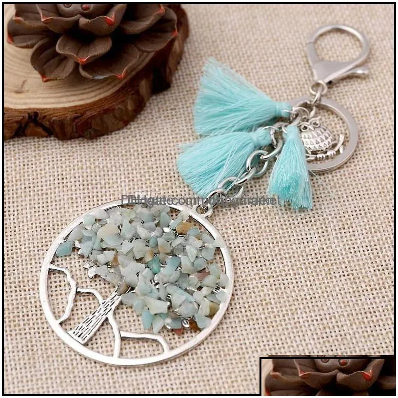 key rings jewelry natural stone tree of life keychain owl tassel chain bag fashion drop delivery 2021 tf986