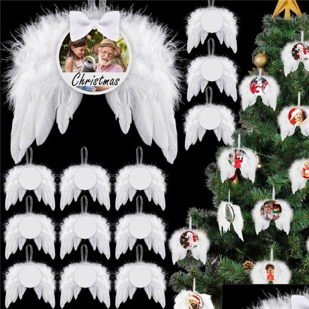 ups heat transfer angel wings ornament christmas decoration feathers pendant round aluminium sheet diy christmas tree hanging tag