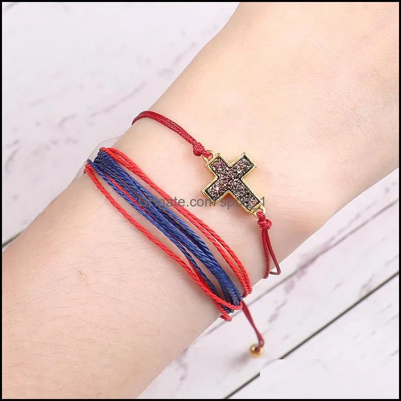  druzy resin cross charm bracelet with card couple handmade string rope adjustable bangle for women men fashion religious jewelry