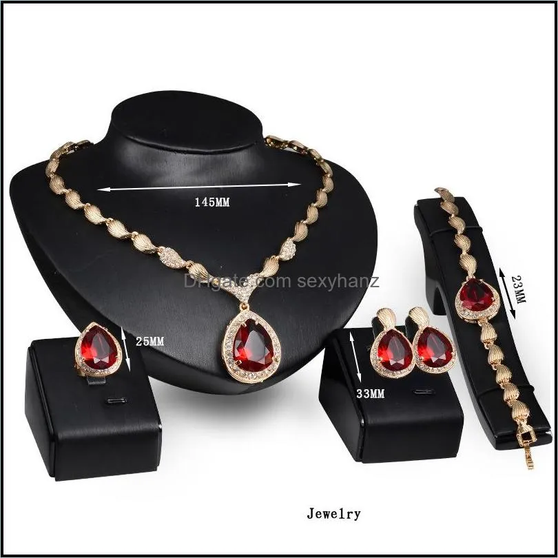 necklaces earrings rings bracelets sets fashion royal water drop rhinestone 18k gold plated party jewelry 4piece set 1941 t2