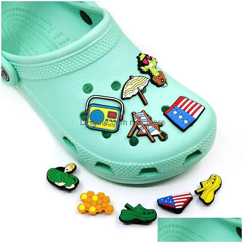 moq 100pcs swimsuit sneakers radio pattern croc jibz charms 2d soft pvc shoe decorations shoes buckles charm ornament fit womens sandals kids