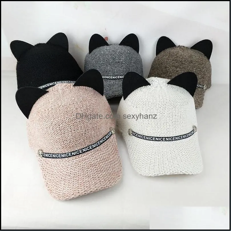 ball caps women winter fashion woman knitting baseball cap cute cat ear casual letter band visor 3459 q2