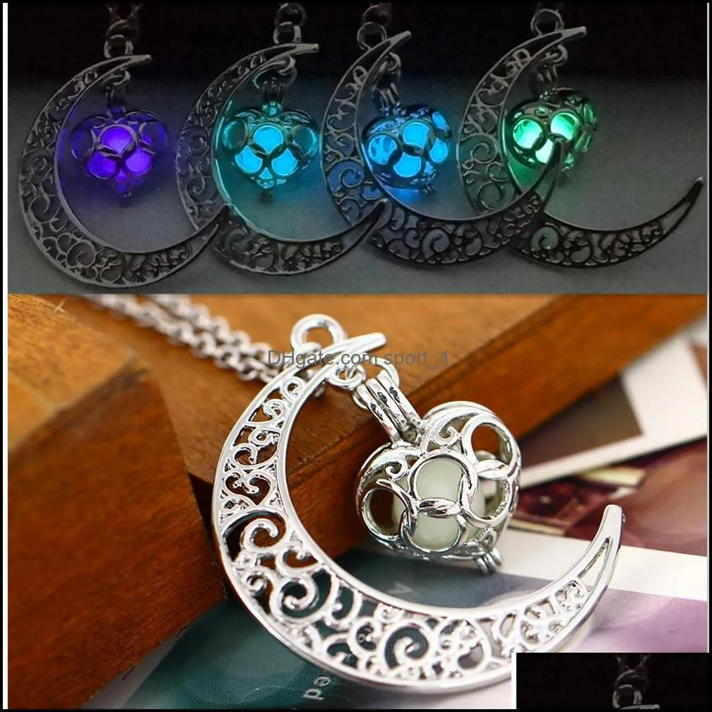  glow in the dark heart moon necklaces for women men hollow crescent shape luminous beads pendant chains fashion jewelry