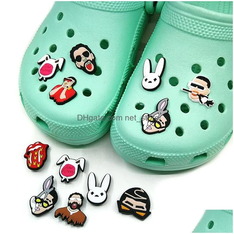 moq 100pcs bad bunny pattern croc jibz charm 2d soft pvc shoe charms accessories fashion shoe buckles decorations fit sandals fans souvenir