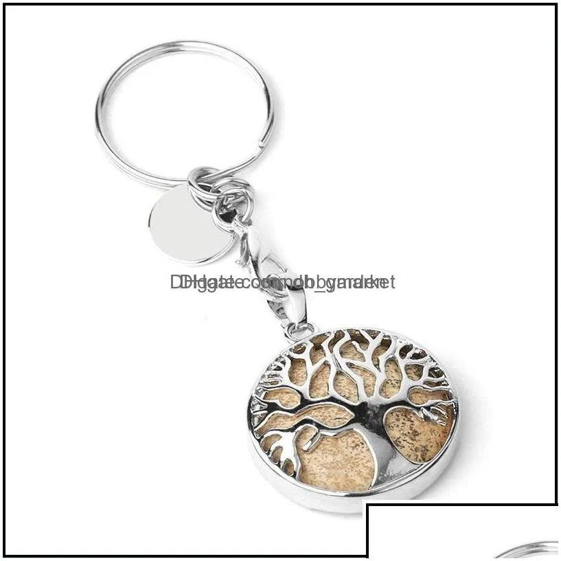 key rings jewelry natural stone original keychains tree of life keyring sier color healing crystal car decor keyholder for women men 471c3