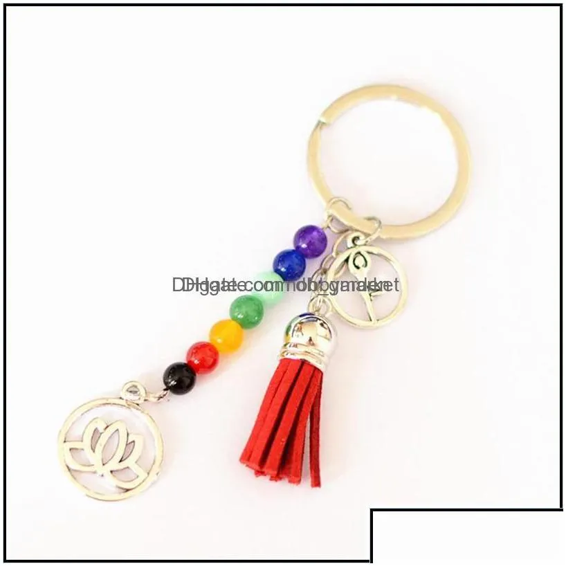 key rings jewelry lotus tassel chains ring 7 chakra reiki healing yoga natural stone beads flower pendant keychain aessories gift charm