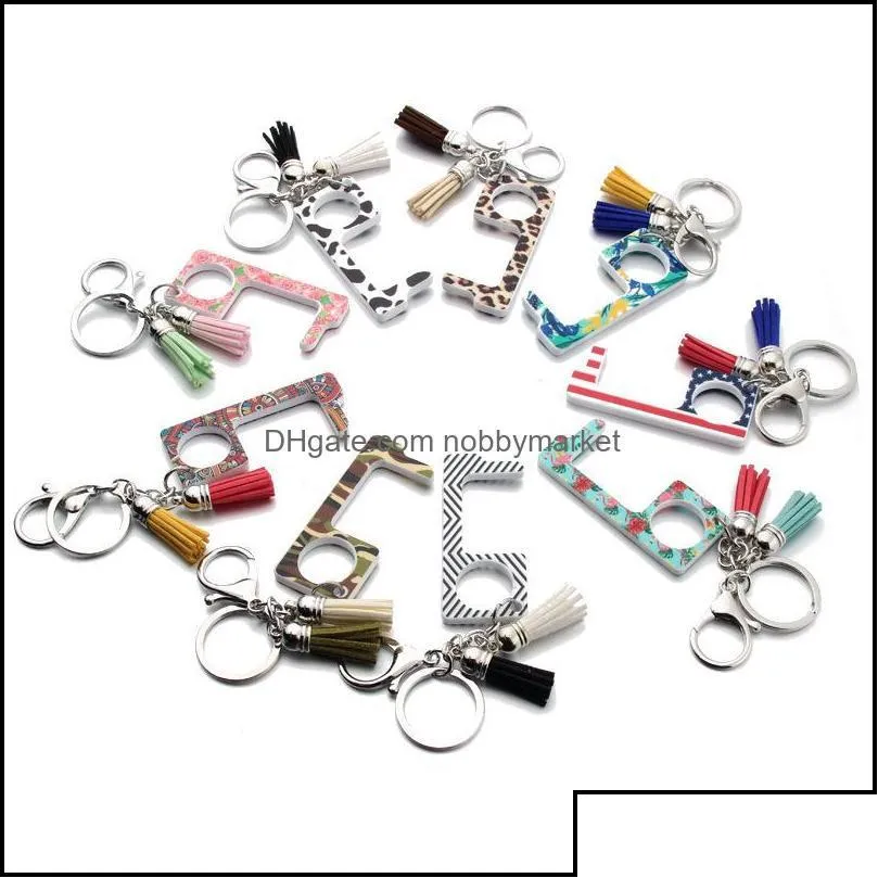 acrylic keychain tool leather tassel pendant bag charm keyring noncontact edc door opener elevator button fashion car key chain ring drop