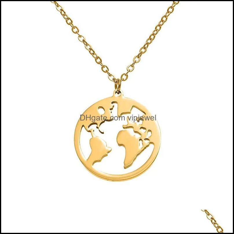 stainless steel world map necklace wanderlust geometric round pendants necklace personalized fashion outdoor jewelry earth day gift