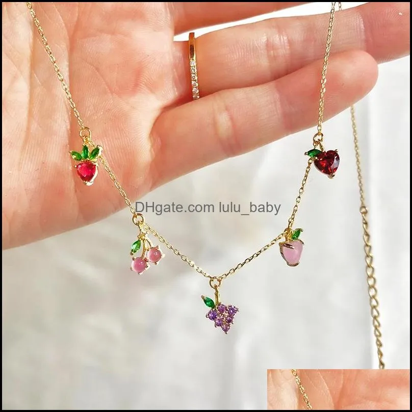 cute fruit necklace 18k gold plated bling zircon necklaces crystal cherry pendant jewelry for girl a12z