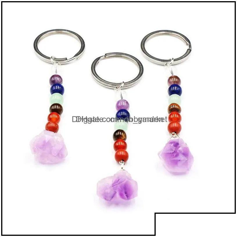 key rings jewelry 7 chakra natural stone handbag purse holder irregar amethyst crystal quartz stones keychains dangle car clasps chains