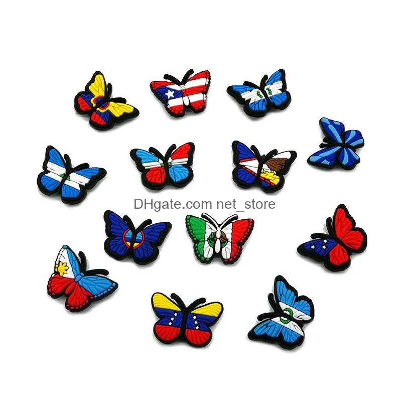 moq 100pcs flag pattern butterfly cartoon croc jibz 2d soft plastic shoe charms accessories shoes buckles decorations fit men womens garden shoes