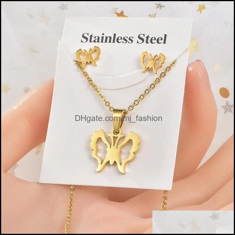 simple animals plants flowers butterfly pendant necklace earrings set korean style stainless steel jewelry set for women wedding gift