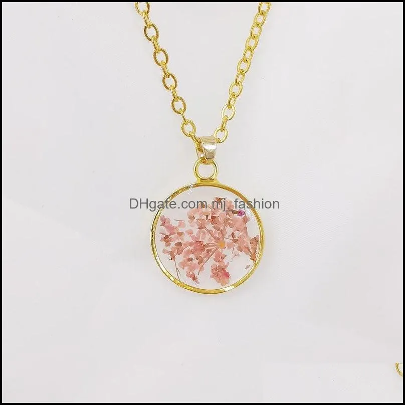 women handmade oval geometry resin real flower pendant necklace gold color fashion jewelry 45cm