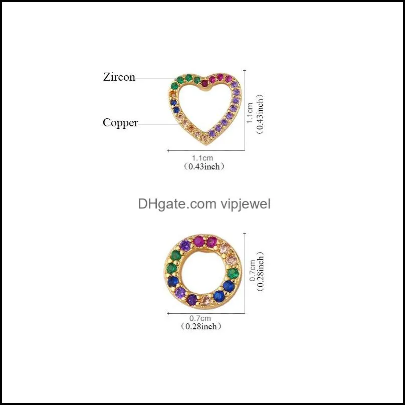 fashion colorful cubic zirconia heart round hollow stud earrings for women girls rainbow copper 18k gold plated cz earring jewelry