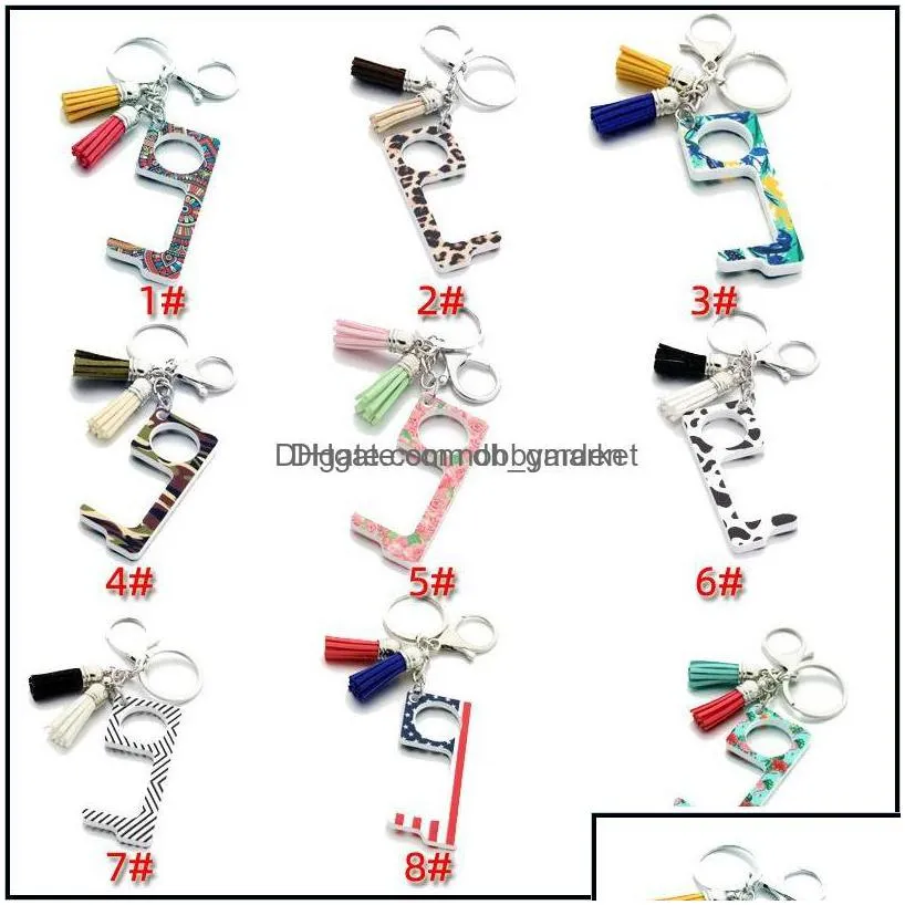 acrylic keychain tool leather tassel pendant bag charm keyring noncontact edc door opener elevator button fashion car key chain ring drop