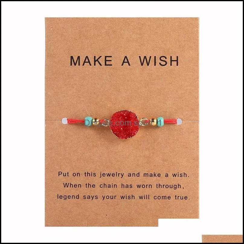 fashion druzy resin stone bracelet with make a wish gift card braided string rope beads bangle for women men handmade jewelry