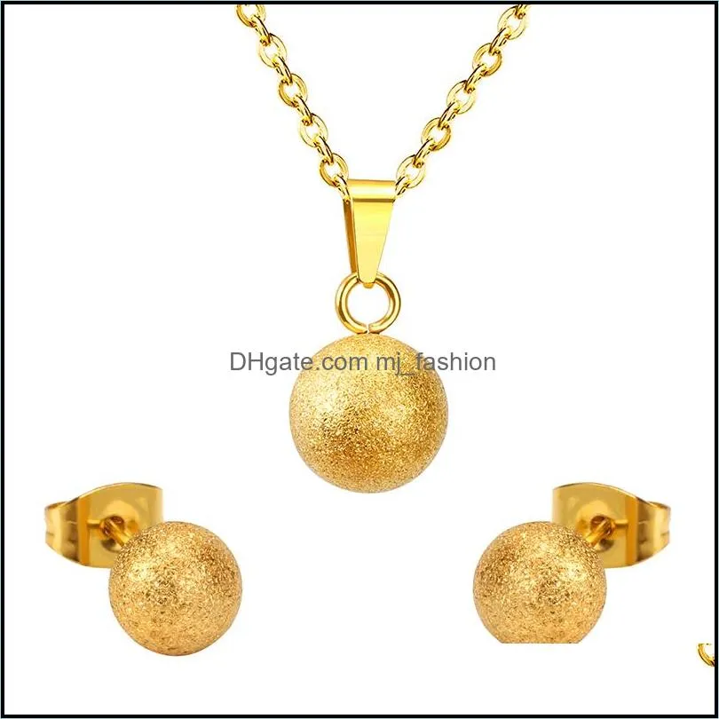 gold silver ball round stainless steel wedding jewelry set women party pendant necklace earrings sets