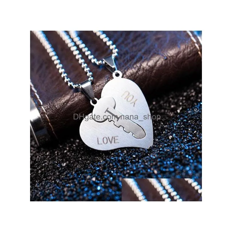 fashion jewelry stainless steel i love you heart pendant necklace lock key pendant couple necklace