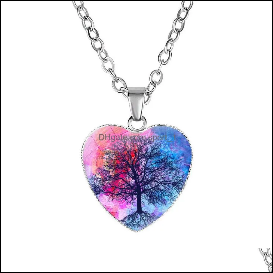  tree of life necklaces for women glass cabochon heart shape plant pendant silver chains fashion jewelry gift