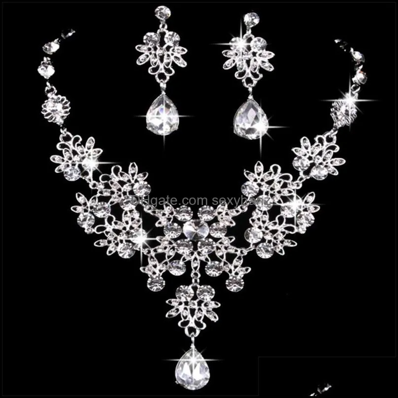 women bling crystal bridal jewelry set silver diamond wedding statement necklace dangle earrings for bride bridesmaids accessories 478