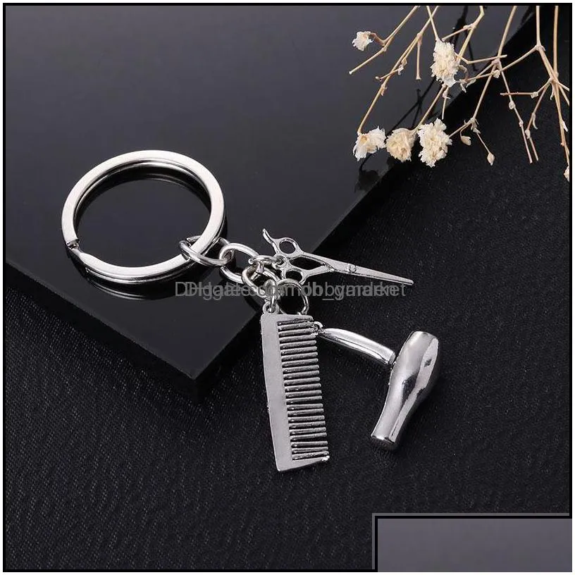 key rings jewelry personality couple chain hair dryer combs scissors pendant keychains tools stylist scissor blow ring christmas drop