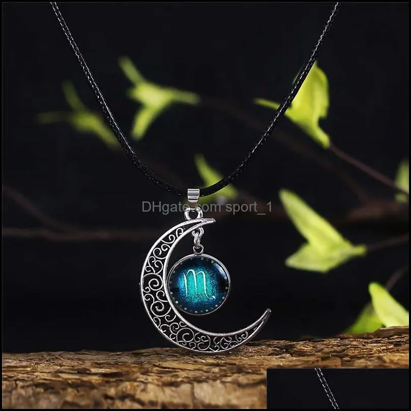 12 constellation pendant necklace sign silver crescent moon stars zodiac jewelry glass dome choker necklaces birthday giftsz