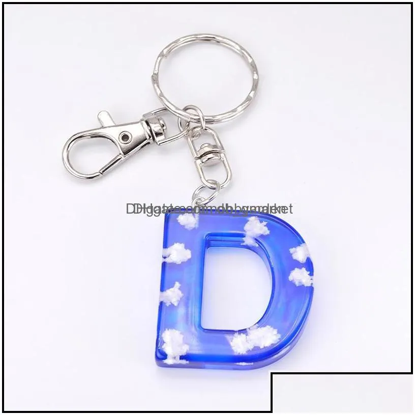 key rings jewelry creative 26 initials letter blue sky cloud keychain for car keys acrylic resin charm bags girl christmas gift drop