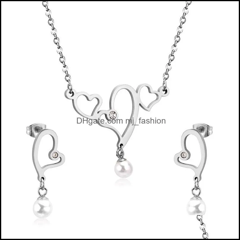 heart shaped stainless steel pendant necklace and earrings set in jewelry for women with chain jewellry parts