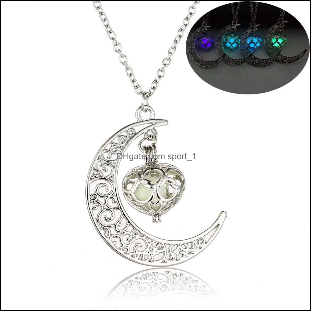  glow in the dark heart moon necklaces for women men hollow crescent shape luminous beads pendant chains fashion jewelry