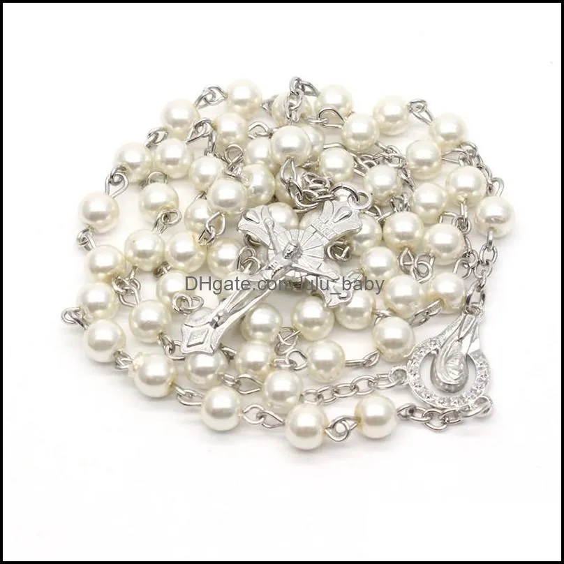 3 colors pearl rosary neckalce fashion handmade cross pendant chain religious jesus prayer necklaces charm jewelry p228fa