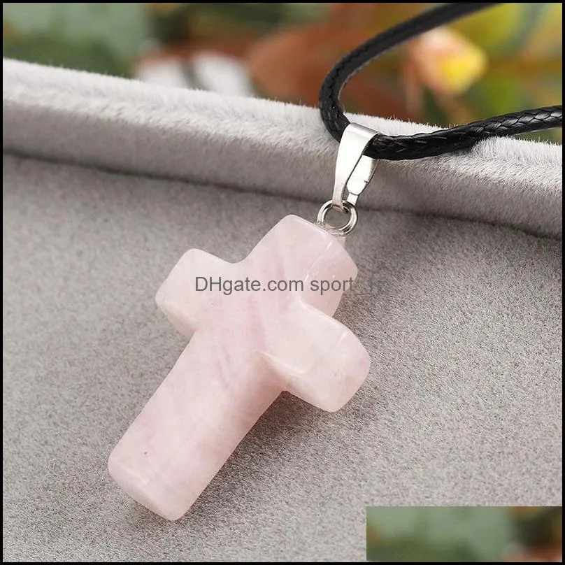 fashion christian cross necklace for women healing crystal quartz chakra natural stone crucifix pendant leather string rope chains