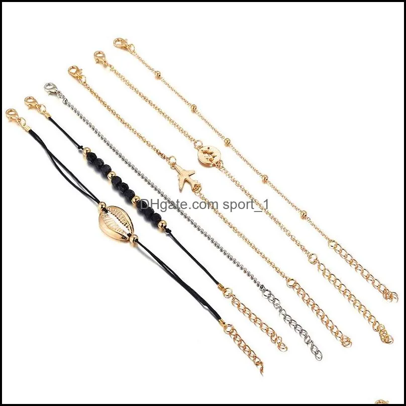 6pcs/lot bohemian sea shell bracelets set for women gold aircraft map charm crystal beads chains bangle female fashion boho