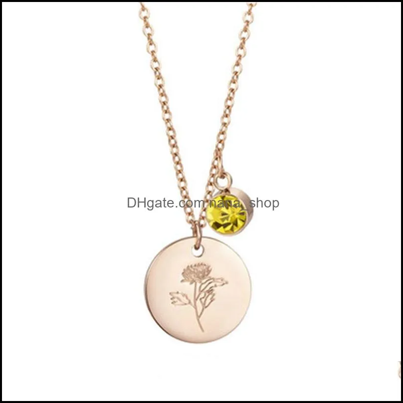 shiny birthstone 12 months flower necklace dainty rose gold coin engraved stainless steel pendant necklaces for women gift mothers day