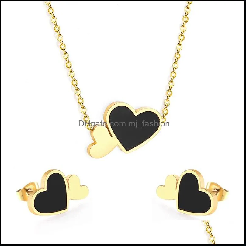 gold silver heart shape pendant necklace earring sets stainless steel earrings fashion party wedding jewelry set