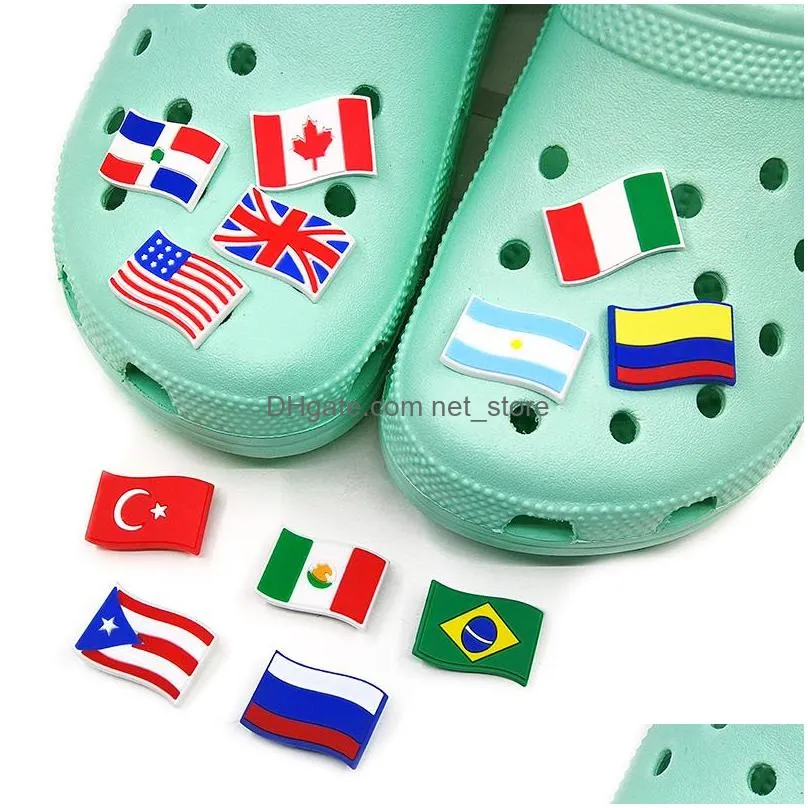 moq 50pcs various national flag pattern croc jibz 2d soft rubber shoe parts accessories decoration shoe buckles charms trinkets fit kids sandals