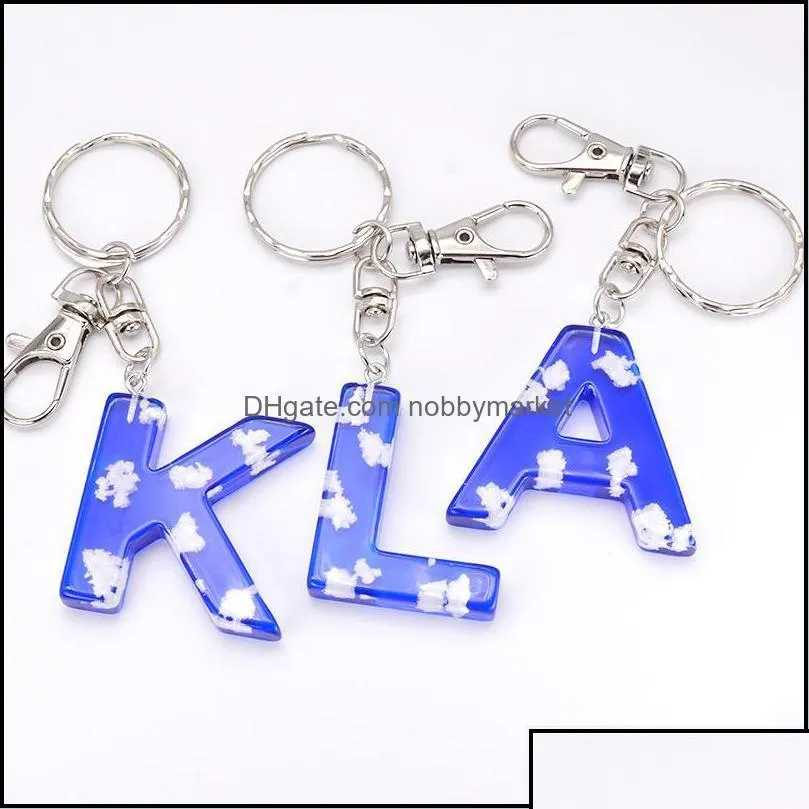 key rings jewelry creative 26 initials letter blue sky cloud keychain for car keys acrylic resin charm bags girl christmas gift drop