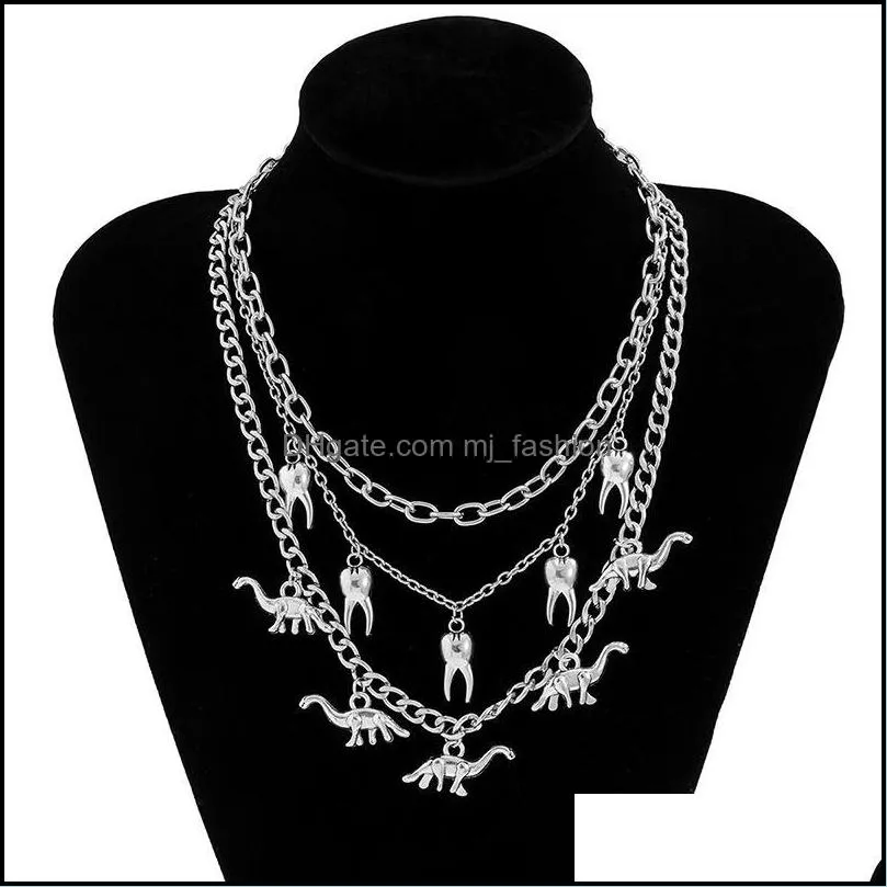 vintage harajuku goth punk metal dinosaur teeth shape pendant chain choker necklace for women girl cool hip hop trendy jewelry gift