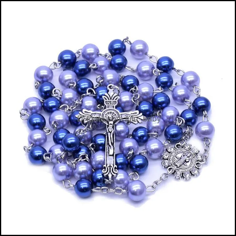 pearl beads rosary neckalce women men jesus cross pendant fashion religious prayer neckalces handmade jewelry dhs p231fa