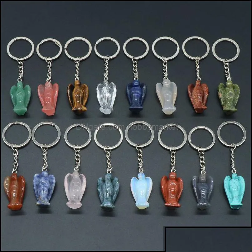 key rings jewelry healing reiki chakra carved angel natural stone pendant keychain crystal chakras quartz chains aessories drop delivery