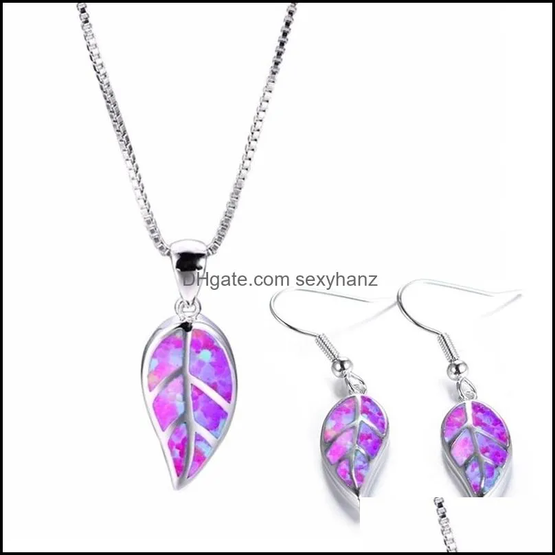 earrings necklace fashion leaves accessories set for women imitation blue fire opal plant pendant wedding jewelry c3