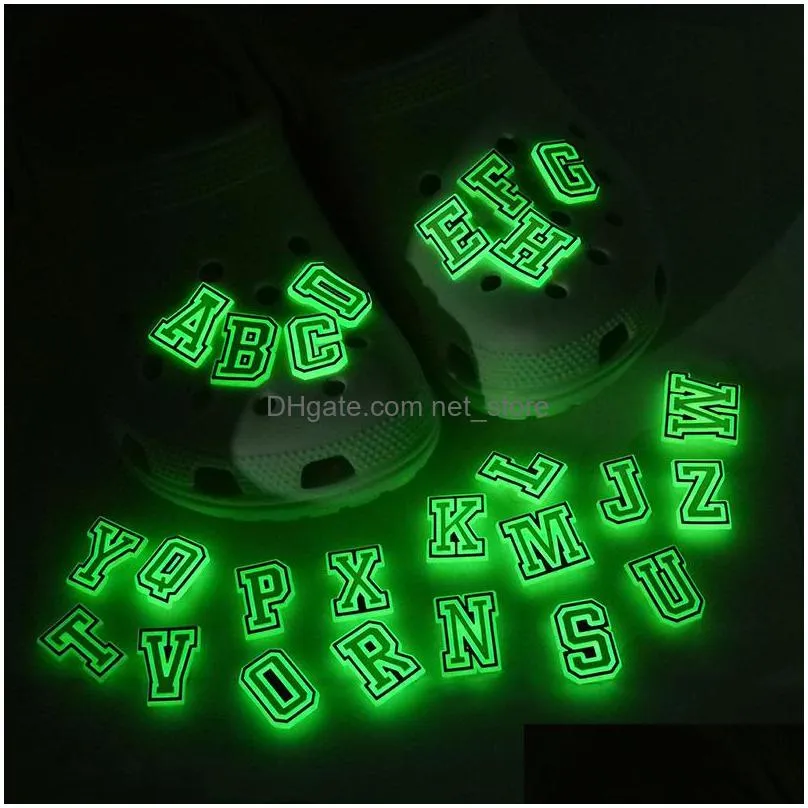 glow in the dark croc jibz combination english letters fluorescent 2d soft pvc shoe accessories decorations luminous clog shoe charms buckles fit kids