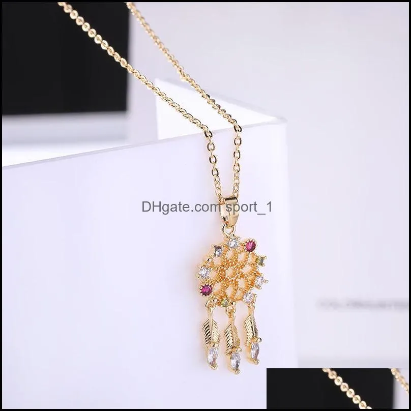 2019 womens dream catcher leaf feather tasssel pendant necklace round hollow copper inlaid zircon clavicle chain jewelry gift