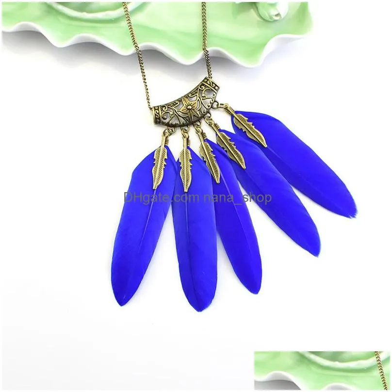 bohemian fashion jewelry vintage feathers pendant necklace feather necklace long sweater chain necklaces