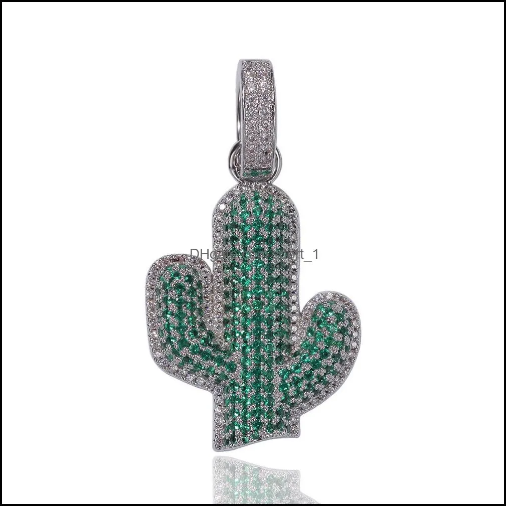 hip hop solid cactus necklaces for mens cz bling iced out desert plant pendant gold silver twisted rope chain women hiphop jewelry