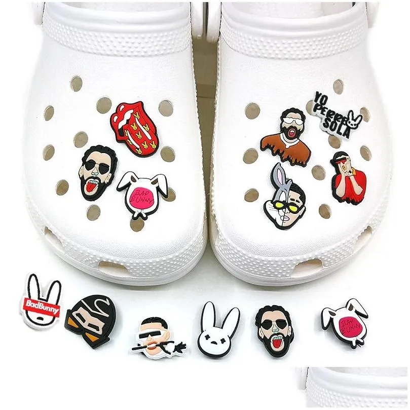 moq 100pcs bad bunny pattern croc jibz charm 2d soft pvc shoe charms accessories fashion shoe buckles decorations fit sandals fans souvenir