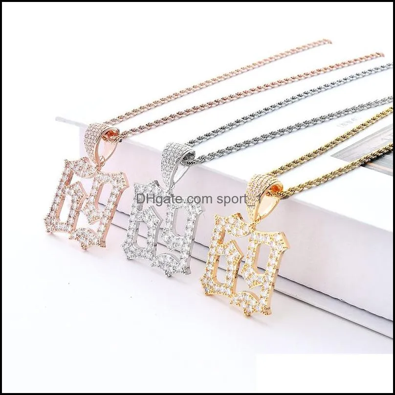 hip hop digital 69 necklace for men women iced out bling cz numeral pendant gold silver twisted chain hiphop rapper jewelry gift
