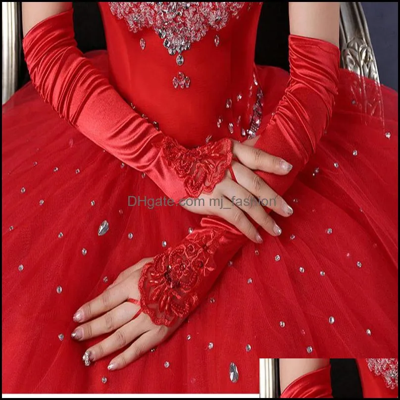 fashion black white red bride accessories gloves fingerless pearl satin rhinestone lace prom party mittens