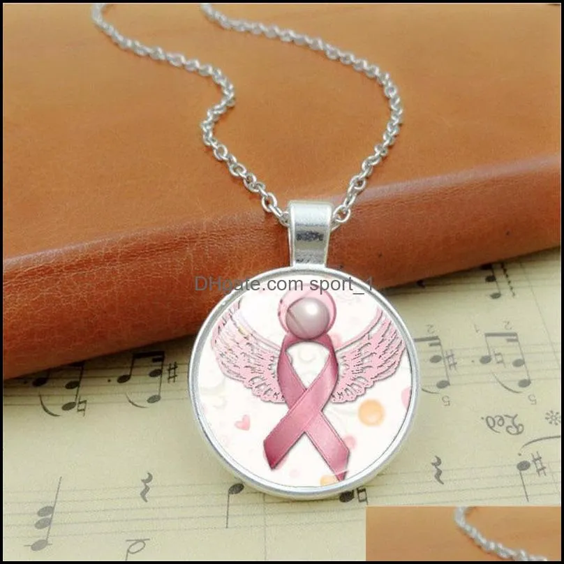  arrival pink ribbon glass gemstone pendant necklaces breast cancer awareness necklace for women mens fashion jewelry